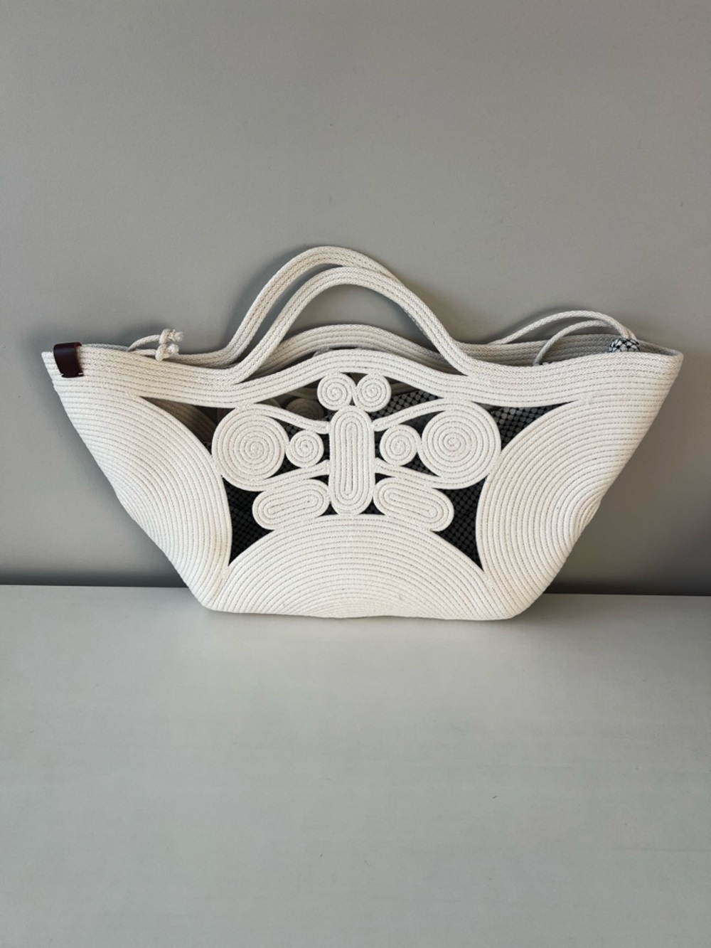 White Decorative Rope Tote Bag with Cutout Detail